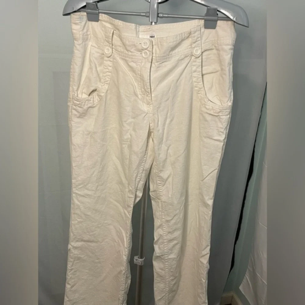 H&M Linen Blend Trousers Women 12 Cream Straight Leg Casual Summer Pants